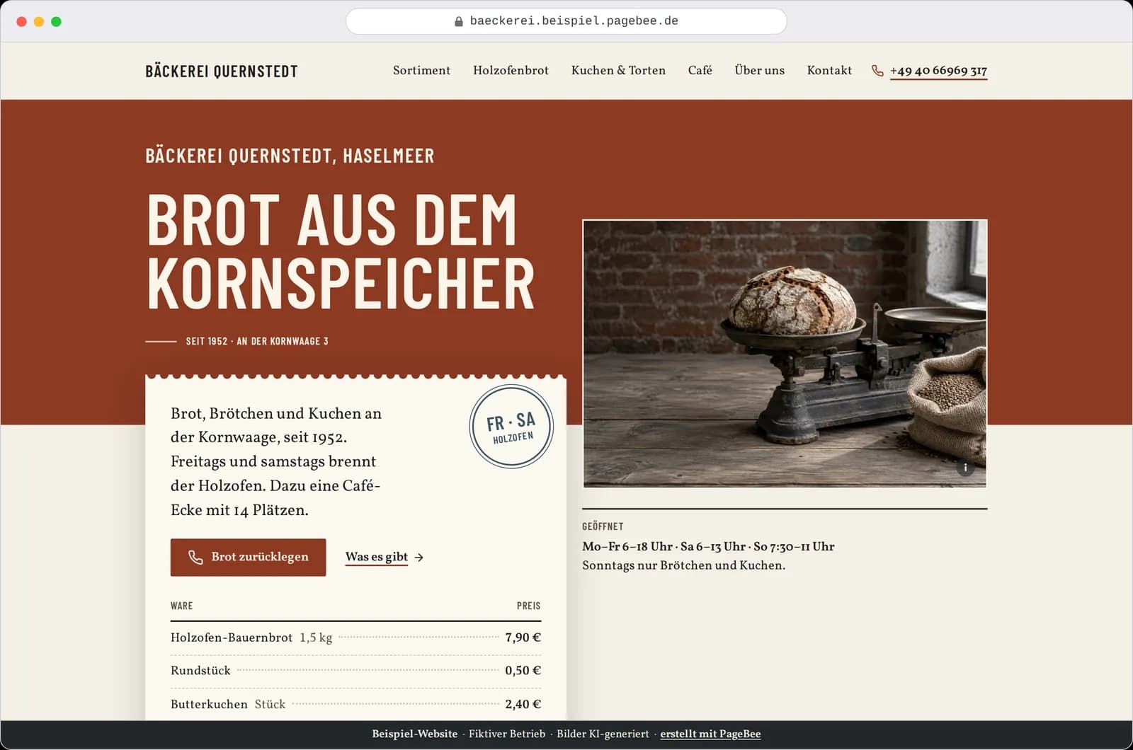 Startseite der Bäckerei Quernstedt im Browserfenster: die Überschrift „Brot aus dem Kornspeicher“, eine Preistafel und die Öffnungszeiten neben einem Brot auf einer alten Waage