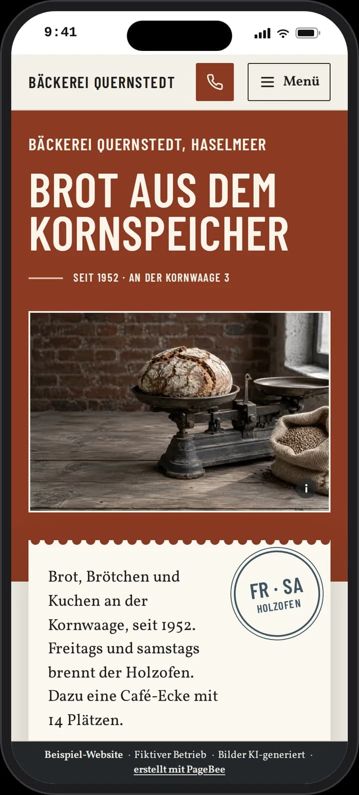 Startseite von Bäckerei Quernstedt auf dem Smartphone