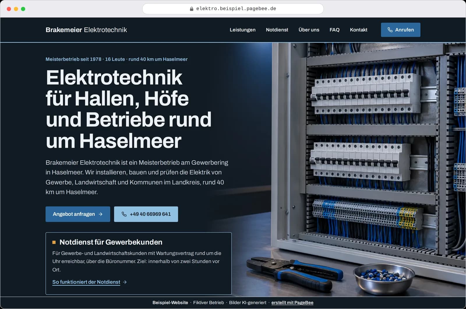 Startseite von Brakemeier Elektrotechnik im Browserfenster: die Überschrift „Elektrotechnik für Hallen, Höfe und Betriebe rund um Haselmeer“ neben einem offenen Schaltschrank