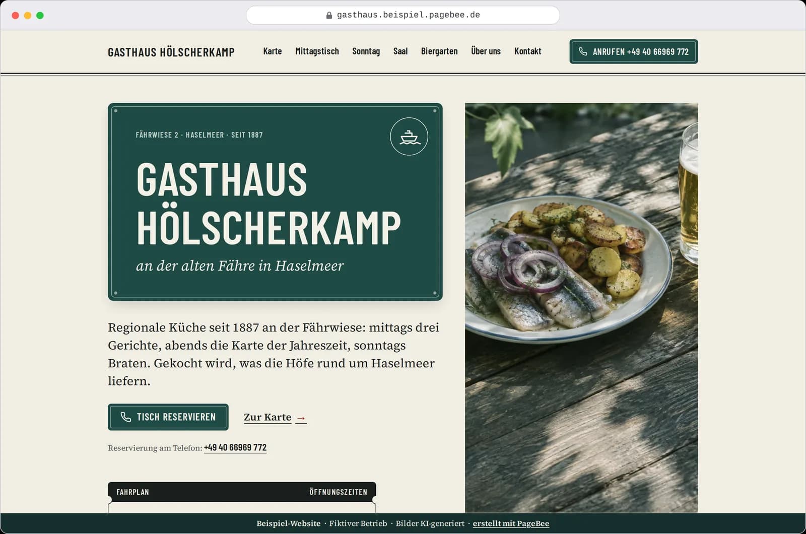 Startseite von Gasthaus Hölscherkamp im Browserfenster: der Name auf einem grünen Schild und ein Teller Matjes mit Bratkartoffeln